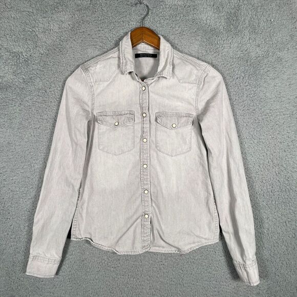 All Saints Grey Denim Shirt Womens Size 2 Long Sleeve Snap Button Distressed - Picture 1 of 12